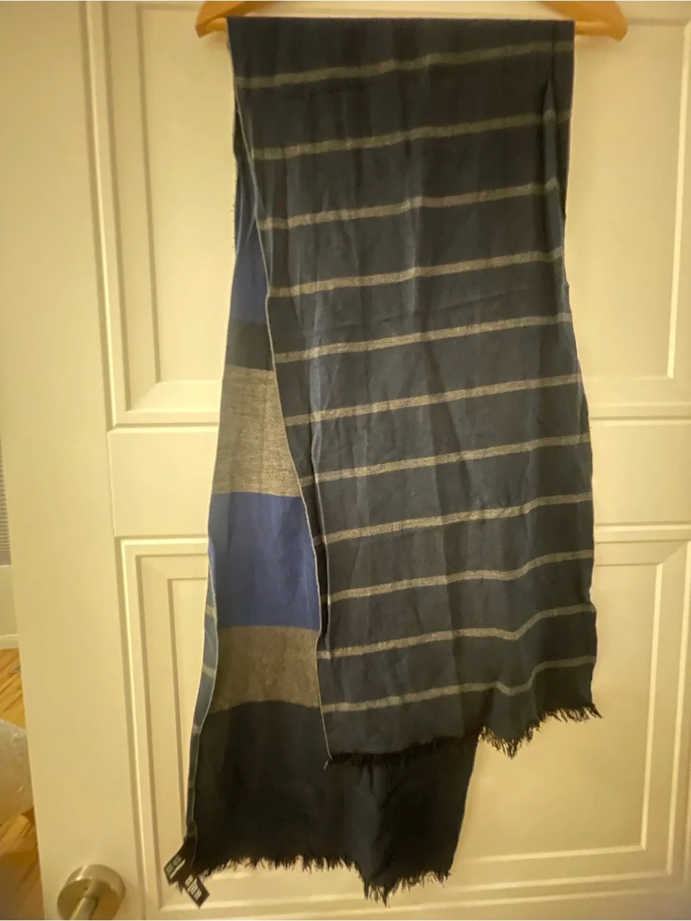 BLACK Saks Fifth Avenue 100% Silk Scarf Navy Grey Striped Frayed Edge